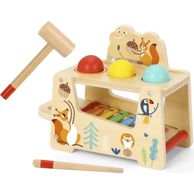 Tooky Toy Дървена играчка Tooky Toy - Ксилофон с топки и чукче, Горски свят (TF827)