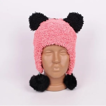 Коралова зимна топла шапка с черни помпони