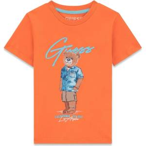 GUESS Оранжева тениска за мини момче с цветно мече отпред и син надпис Guess