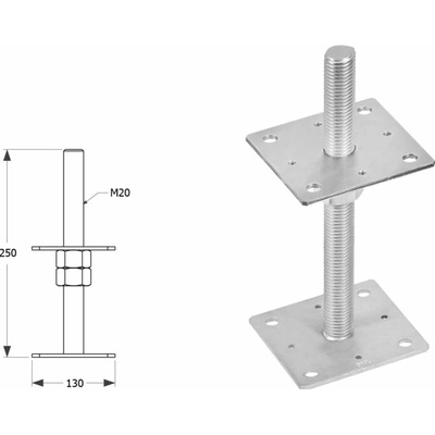 Domax zaskrutkovacia pätka stĺpika nastaviteľná závitová PSR 130 M20 - 130 x 250 x M20 x 3 mm 4 ks