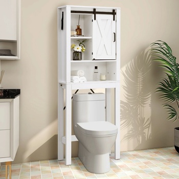 COSTWAY Toaletná skrinka s posuvnými dverami a 3 nastaviteľnými policami, WC polica Drevo, Kúpeľňová polica voľne stojaca, Skrinka nad vaňu Biela polica na práčku