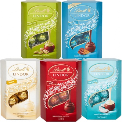 Lindt Lindort pralinky set Mliečna čokoláda 200 g + Slaný karamel 200 g + Biela čokoláda 200 g + Kokos 200 g + Pistácie 200 g