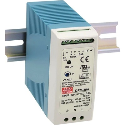 MEAN WELL DRC-40A Zdroj, napájecí, průmyslový, 40W, 12-15V, DIN montáž, s funkcí nabíječky 12V (UPS) DRC-40A