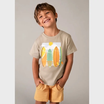 Mayoral Комплект бежова тениска, бял потник с щампи и оранжеви къси панталони за мини момче Mayoral