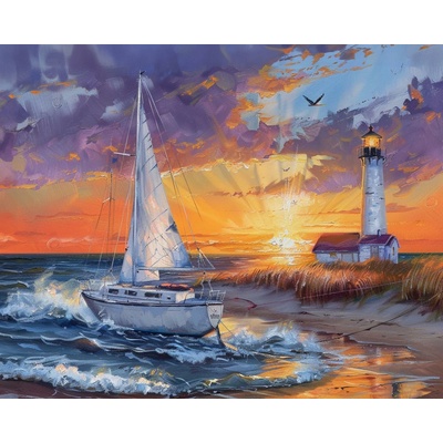 ZUTY Obrazy na stenu - PLACHETNICA NA PLÁŽI, MAJÁK A ZÁPAD SLNKA Rámovanie: bez rámu a bez vypnutia plátna, Rozmer: 40x50 cm