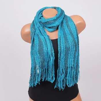 Image 1 of Плетен шал на райе в тюркоазено-синьо с ресни и ламе