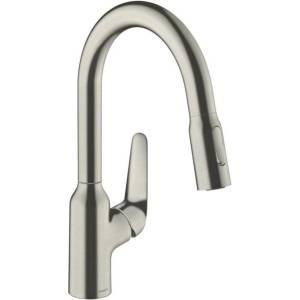 Hansgrohe Focus M42 180 издърпващ се кухненски смесител, матиран хром, с 2 струи (71801800)