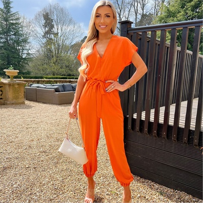 AX Paris V Neck Short Sleeve Belted Elasticated Cuff Jumpsuit - Burnt Orange