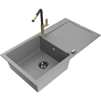 Mexen Leo гранитна мивка с 1 камера, отцедник и кухненски смесител Flora, сив - 6501-71-670401-57-B (6501-71-670401-57-B)