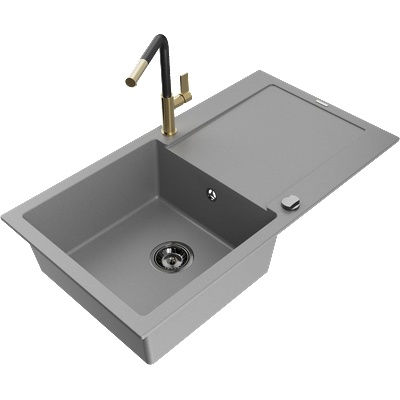 Mexen Leo гранитна мивка с 1 камера, отцедник и кухненски смесител Flora, сив - 6501-71-670401-57-B (6501-71-670401-57-B)