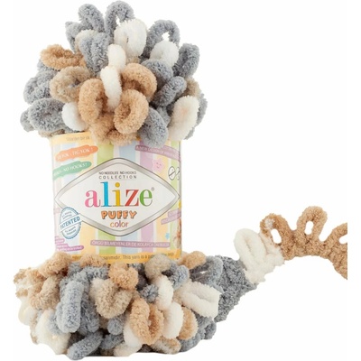 Příze s oky Alize PUFFY COLOR pro ruční pletení bez jehlic, 6395 béžovo-šedo-smetanový melír, efektní, 100g/9m