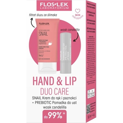 FlosLek Laboratorium Hand & Lip Snail hydratačný krém na ruky a nechty 50 ml + FlosLek Laboratorium Prebiotic Lip Care ochranný balzam na pery 4 g