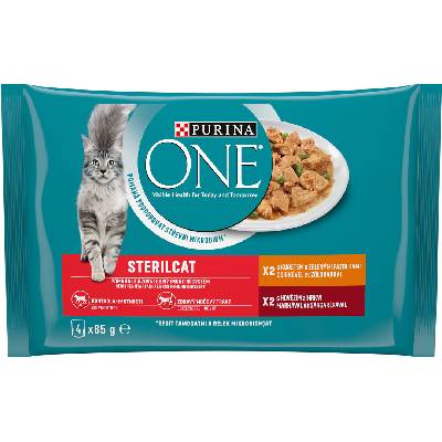 Purina One SterilCat mini filetky s kuraťom a zelenými fazuľkami s hovädzím a mrkvou v šťave 4 x 85 g