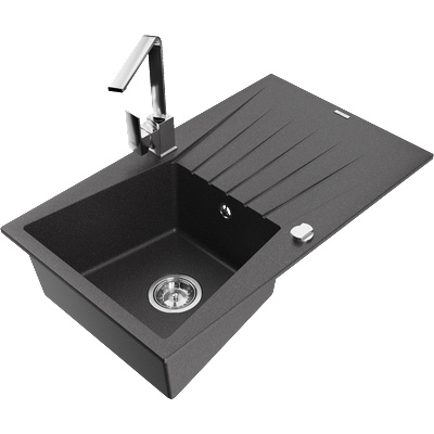 Mexen Cesar гранитна мивка с 1 отделение и отцедник и кухненски смесител Rita, черно с пръски - 6514-76-670300-00 (6514-76-670300-00)