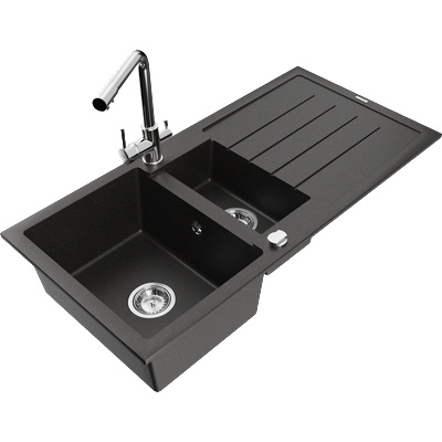 Mexen Andres гранитна мивка 1, 5-камерна с отцедник и кухненски смесител Duero, черен/златен - 6515-75-671600-00 (6515-75-671600-00)