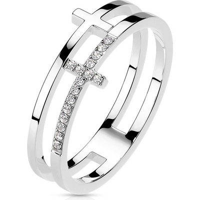 Šperky4U dvojitý ocelový prsten s křížem OPR1871ST