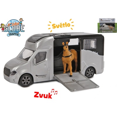 Kids Globe Traffic auto přepravní 20cm na setrvačník kov na baterie světlo a zvuk s koněm