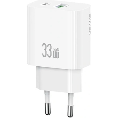 USAMS Зарядно устройство за електрическата мрежа USAMS T65 USB+Type-C гнездо 33W, бързо зарядно устройство PD, FEHÉR CC317TC02 (CC317TC02)