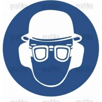 Grafiko | Používej ochrannou přilbu, brýle a chrániče sluchu - Materiál Hliník, Rozměr 300x300mm