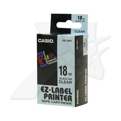 Casio originál páska do tlačiarne štítkov, Casio, XR-18X1, čierny tlač/priehľadný podklad, nelaminovaná, 8m, 18mm