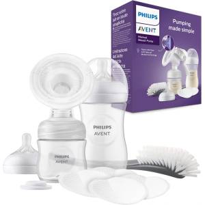Philips AVENT Manual Breast Pump Gift Set - Single Breast Pump, 260ml and 125ml Baby Bottles, BPA Free, 4 Disposable Nursing Pads, Polypropylene, Transparent (Model SCD430/60) (SCD430/60)