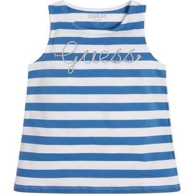 GUESS Раиран потник за момиче в бяло и синьо със сребрист надпис Guess