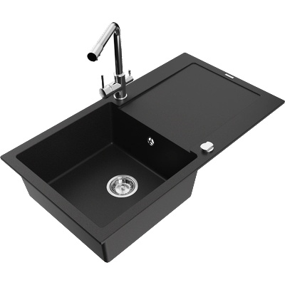 Mexen Leo гранитна мивка с 1 корито и отцедник и кухненски смесител Duero, черен - 6501-77-671600-00 (6501-77-671600-00)