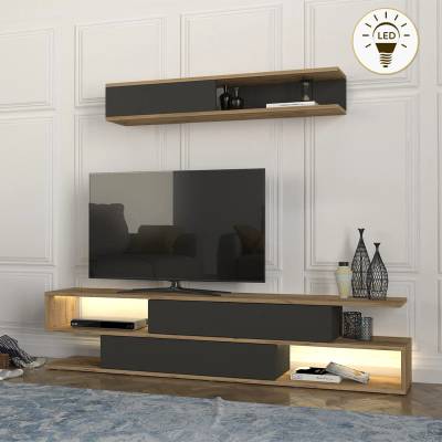 TopMebel Manet TopMebel меламинов ТВ шкаф с LED в цвят сепет дъб - антрацит 180x29, 5x39cm