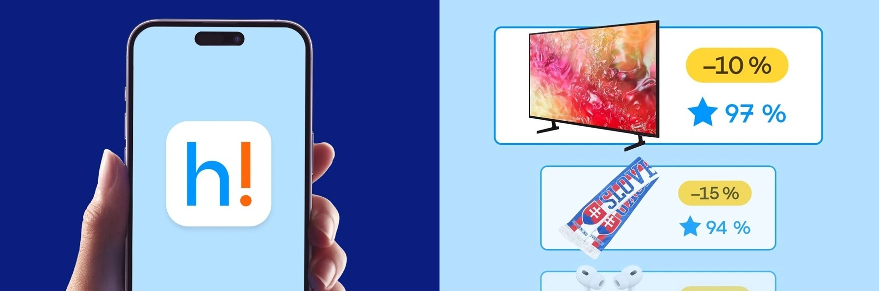 Ukážka aplikácie Heureka – logo a produkty s hodnotením a zľavami
