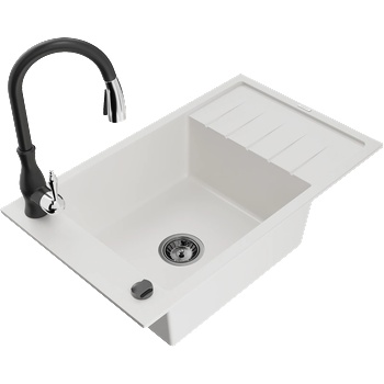 Mexen Elias гранитна мивка с 1 отделение с отцедник и кухненски смесител Savita, бял - 6511-20-672601-70 (6511-20-672601-70)