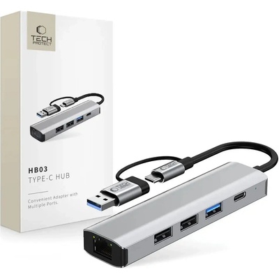 Tech-Protect HB03 HUB Adapter 5in1 USB-C + USB2.0 + USB3.0 + RJ45 - сив (5906302360567)