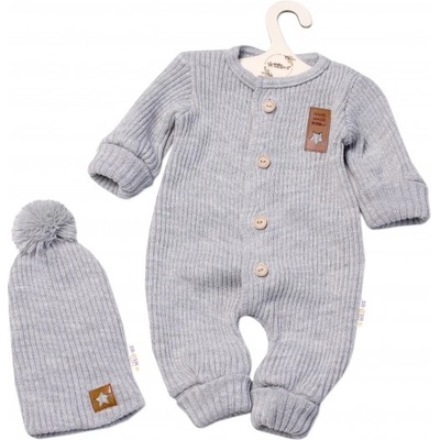 Baby Nellys 2-dielna sada Pletený overálek STAR čiapky Hand Made, sivý
