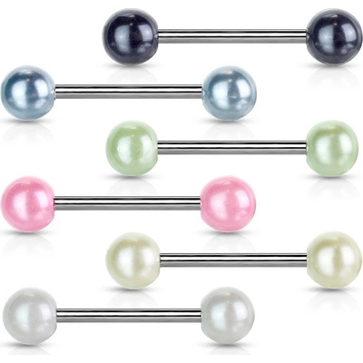 Šperky eshop piercing do jazyka z oceli barevné perleťové kuličky W40.14 světle žlutá