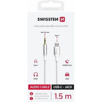 SWISSTEN AUDIO ADAPTÉR TEXTILE USB-C (samec) / 3,5 mm JACK (samec) 1,5 M BIELÝ