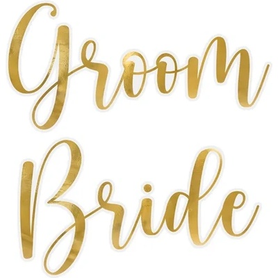 PartyDeco Златисти сватбени стикери за чаши - Булка и младоженец