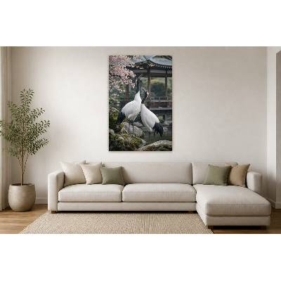Obraz na plátně – Dvojice jeřábů pod kvetoucími větvemi 90 × 135 cm