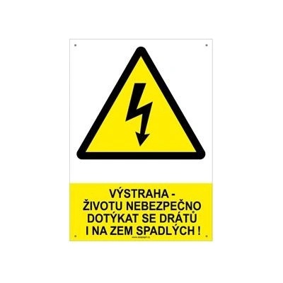 VÝSTRAHA - ŽIVOTU NEBEZPEČNO DOTÝKAT SE DRÁTŮ I NA ZEM SPADLÝCH - bezpečnostní tabulka s dírkami, plast A4, 2 mm – Sleviste.cz