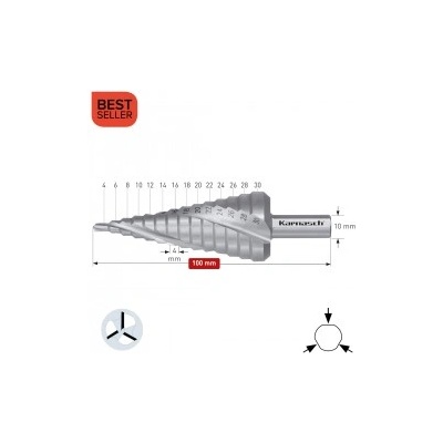Karnasch Стъпално свредло Ø 4-30 mm (x 4 mm), HSS-XE без покритие, 3x спирален канал, BESTSELLER (213006)