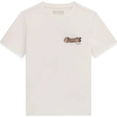 GUESS Бяла тениска за момче с цветен надпис Guess и цветни снимки на гърба