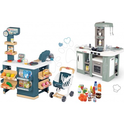 Smoby Set obchod elektronický s váhou a skenerom Super Market a kuchynka Tefal elektronická s magickým bublaním a potravinami