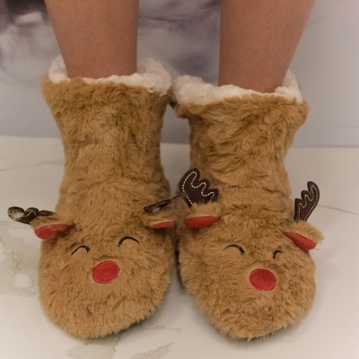 Reindeer Bliss Detské svetlohnedé plyšové ponožky