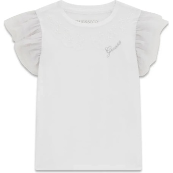 GUESS Бяла тениска за мини момиче с ръкави воал и малък сребрист надпис Guess