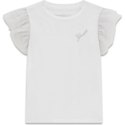 GUESS Бяла тениска за мини момиче с ръкави воал и малък сребрист надпис Guess