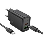 hoco. N61 Променливотоково зарядно устройство USB+Type-C гнездо 20W, PD бързо зарядно устройство 3.0 + Type-C кабел, ЧЕРНО N61_USB_TYPEC_TYPE_B (N61_USB_TYPEC_TYPE_B)