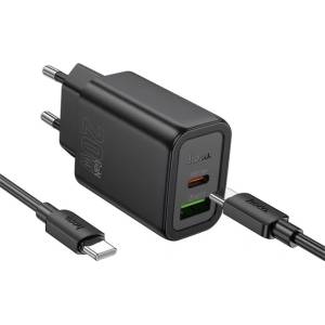 hoco. N61 Променливотоково зарядно устройство USB+Type-C гнездо 20W, PD бързо зарядно устройство 3.0 + Type-C кабел, ЧЕРНО N61_USB_TYPEC_TYPE_B (N61_USB_TYPEC_TYPE_B)