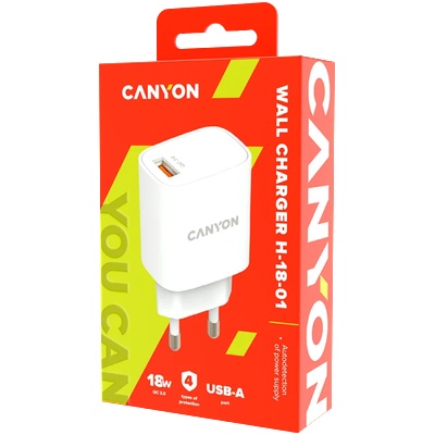 CANYON H-18-01, Wall charger with 1*USB, QC3.0 18W, Input: 100V-240V, Output: DC 5V/3A, 9V/2A, 12V/1.5A, Eu plug, OCP/OVP/OTP/SCP, CE, RoHS , ERP. Size: 80.17*41.23*28.68mm, 50g, White (CNE-CHA18W)