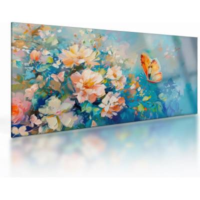 Sklenený obraz - Motýľ a kvety, olejomaľba II., jednodielne 100x50 cm na skle