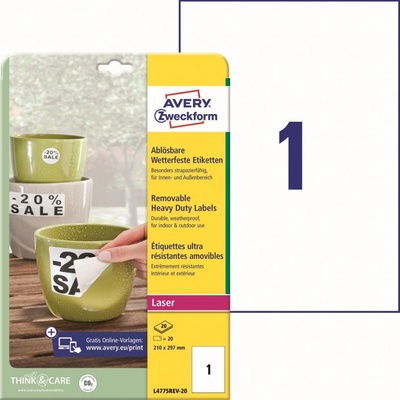 Avery Zweckform L4775REV-20 Odolné snímatelné etikety 210x297mm 20 ks bílá