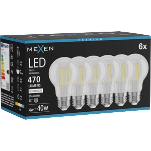 Mexen Vintis 6x LED нажежаема крушка E27, A60, 4W, неутрална - 4000K, 470 lm, прозрачна (L150-E27-0440-00x06)