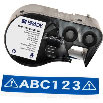 Brady M4C-1000-595-BL-WT / 170836, 25.40 mm x 7.62 m, Винил, бял печат / син фон (170836)